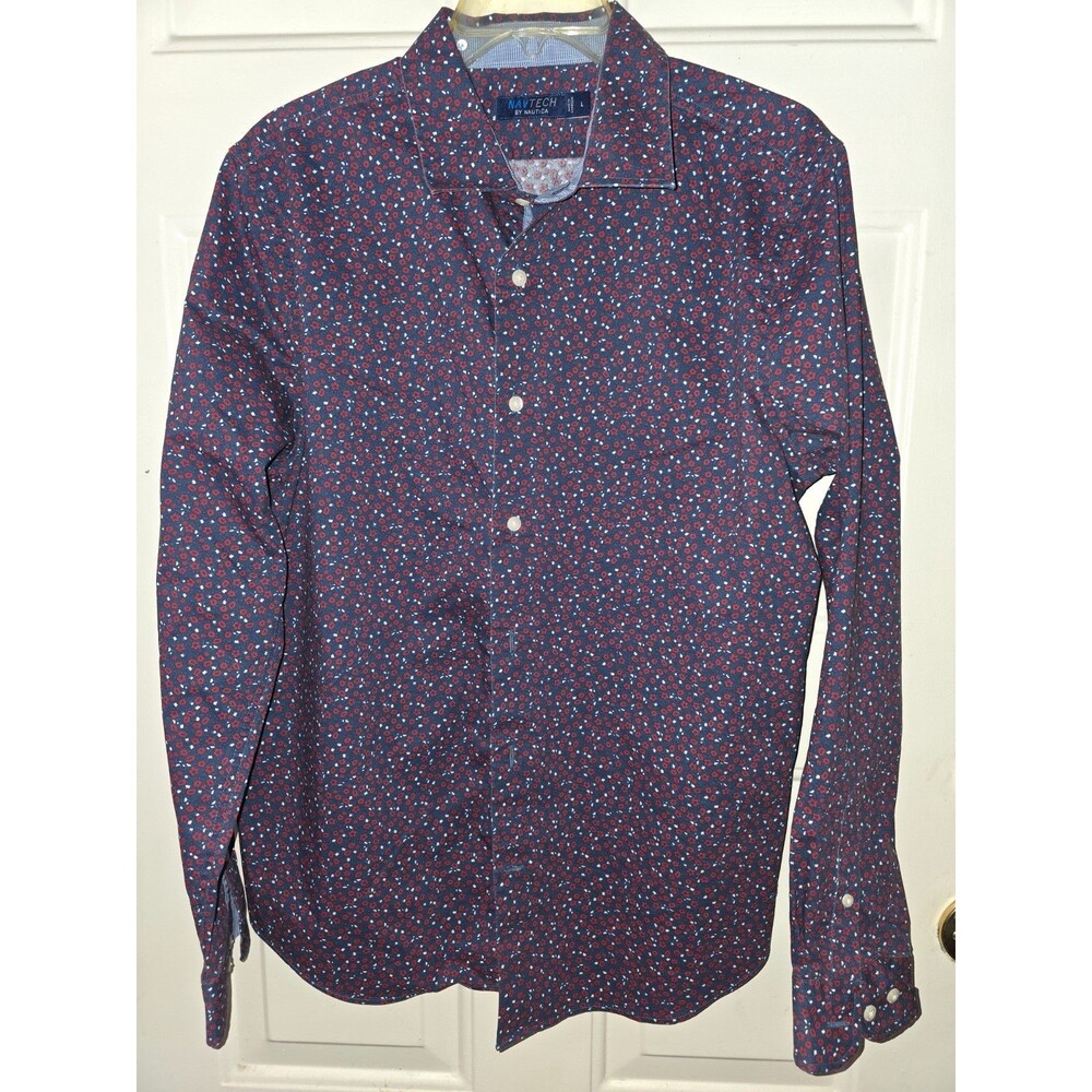 Nautica Navtech Floral Print Button Down Shirt L Blue
